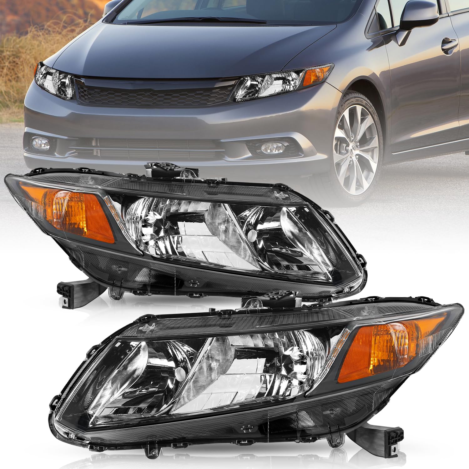 Tusdar Headlight Assembly Replacement For 2012-2015 Honda Civic 4-Door Sedan / 2012-2013 Honda Civic 2-Door Coupe Halogen Headlamp Oe Style Head Light, Passenger & Driver Side