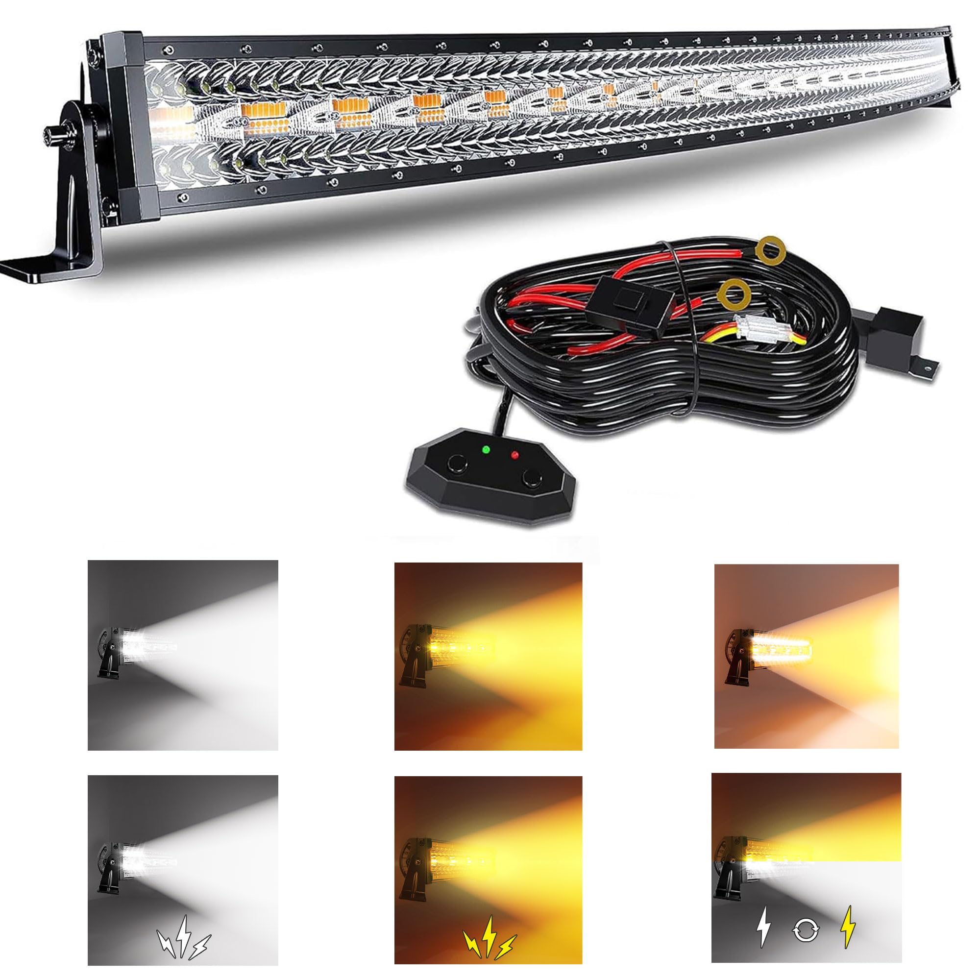 Slary 52 Inch 300W Curved Led Light Bar White/Amber Flasing Strobe Light With Six Modes Driving Fog Lights Spot Flood Combo Bumper Lights With Switch Wiring Harness For Offroad Truck 4Wd Suv Atv Utv