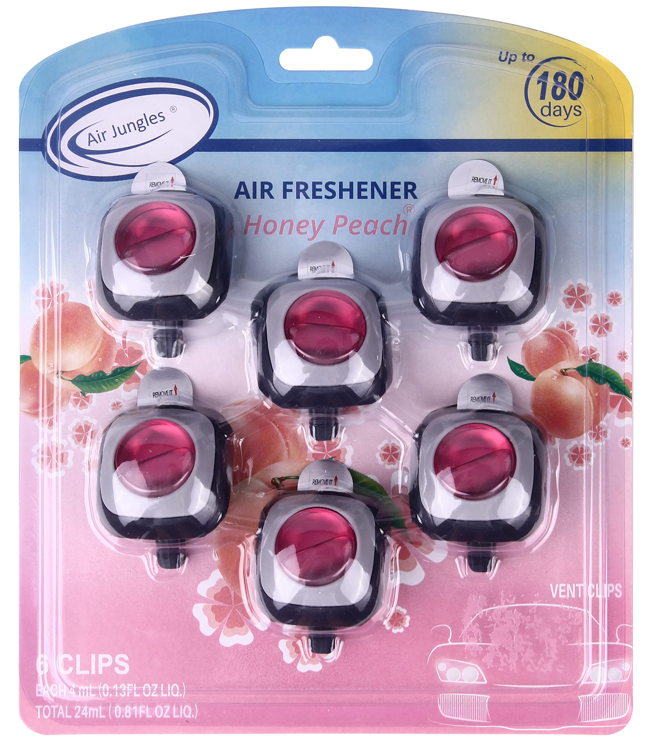 Air Jungles Honey Peach Scent Car Air Freshener Clip, 6 Vent Clips, 4Ml Each, Long Lasting, Up To 180 Days Car Refresher Odor Eliminator