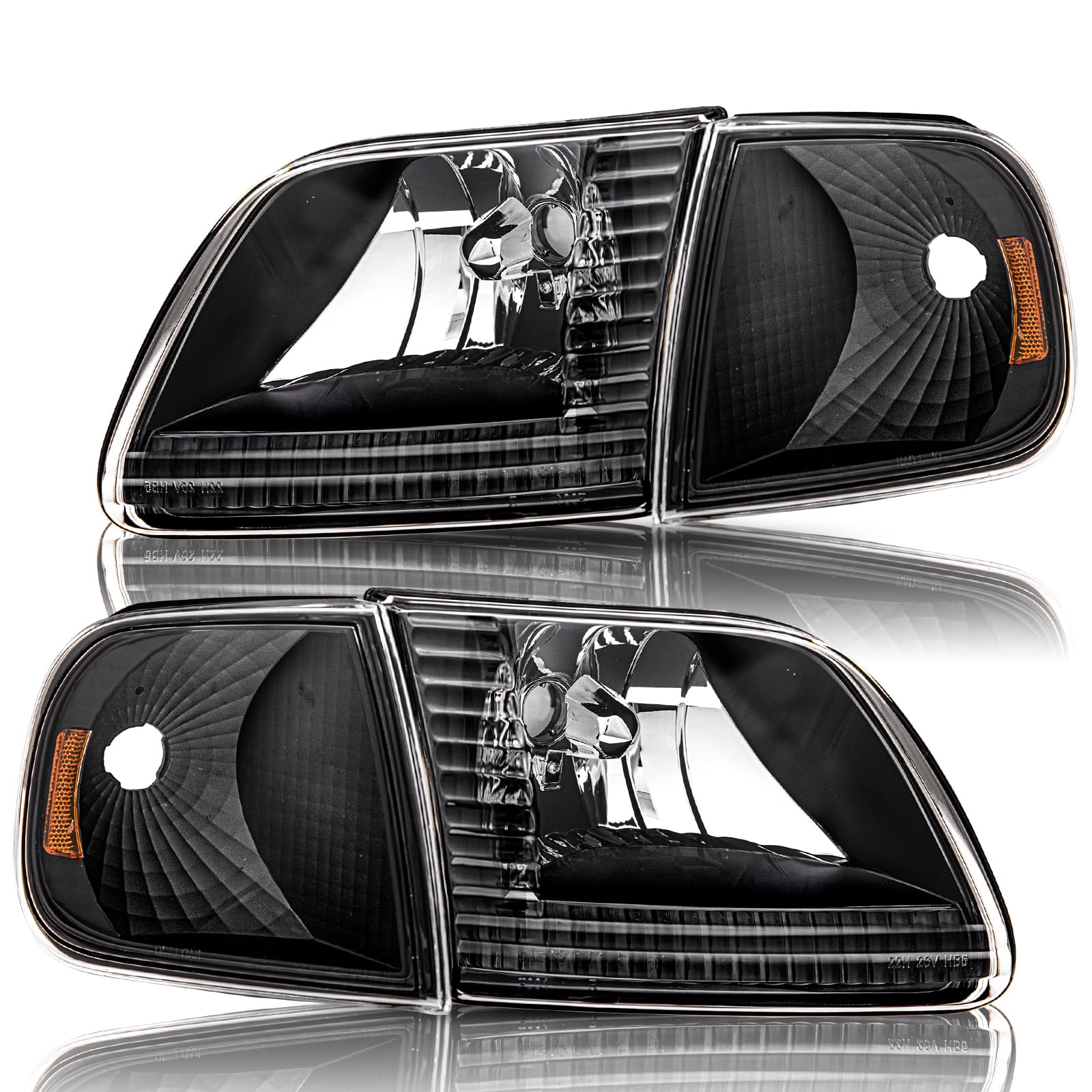Bryght Headlight Assembly Compatible With Ford 1997-2003 F150 / 2004 F150 Heritage / 1997-2002 Expedition / 1997-1999 F250 Light Duty With Corner Lights 4Pcs (Black Housing With Amber Reflector)