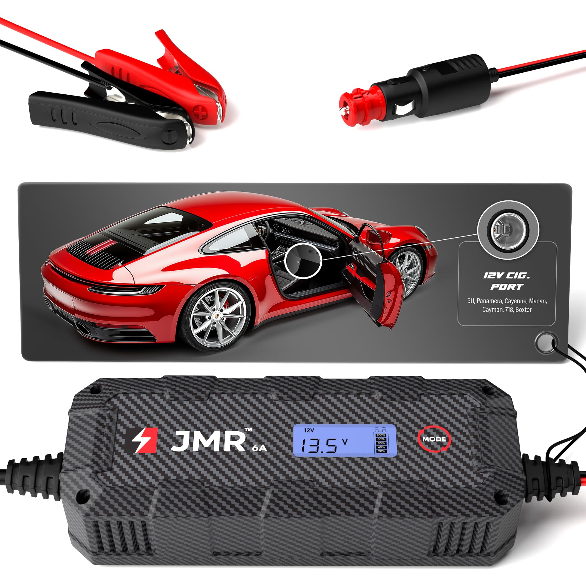 Jmr Battery Charger For Porsche 911 Panamera Cayenne Macan Cayman 718 Boxter All Models Trickle Charger Conditioner Maintainer (No Lithium Mode)