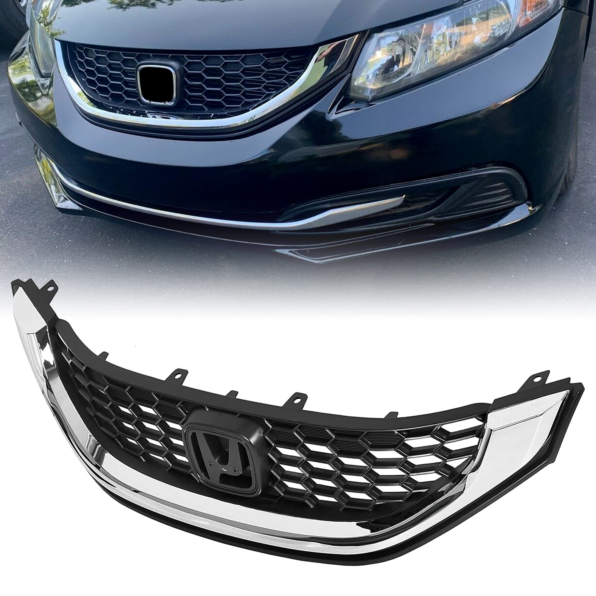 Hecasa Front Bumper Grill Compatible With 2013 2014 2015 Honda Civic Sedan 71121Tr3A01 Ho1200216 (Grille) 71122Tr3A01 Ho1202109 (Molding) Honeycomb Bumper Hood Grille