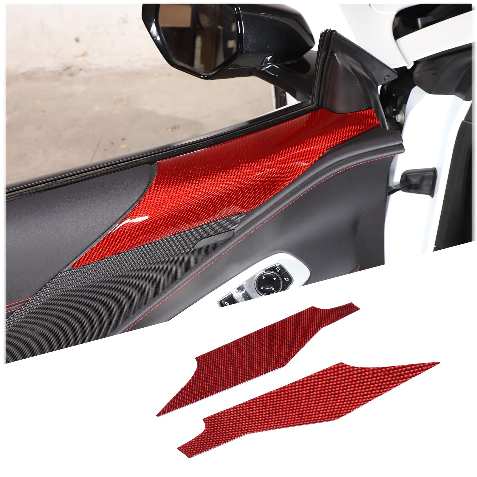 Cheayar Soft 3D Real Carbon Fiber Car Inner Door Top Panel Sticker Trim Decor Trim Kit Compatible With Corvette C8 Stingray Z06 Z51 2020 2021 2022 2023 Interior Decoration Accessories (Red)