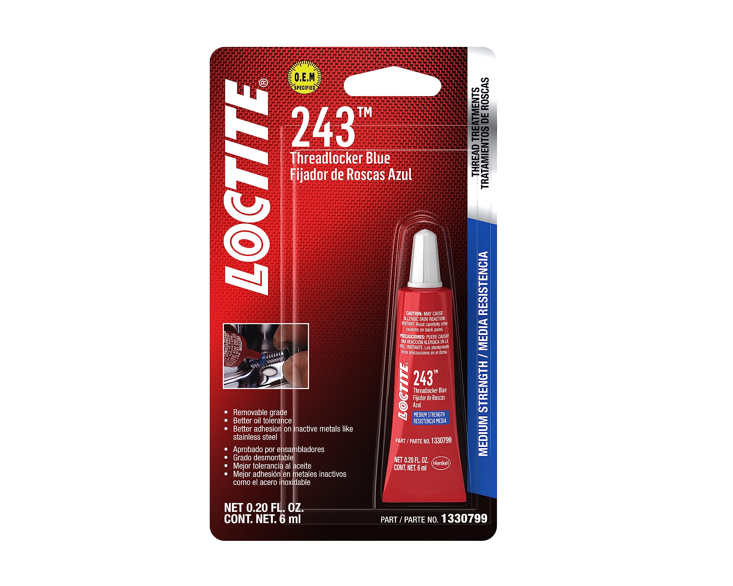Loctite 243 Automotive Threadlocker Blue - Medium Strength Thread Lock, General Purpose, Oil Tolerant - 6 Ml, 1 Pack