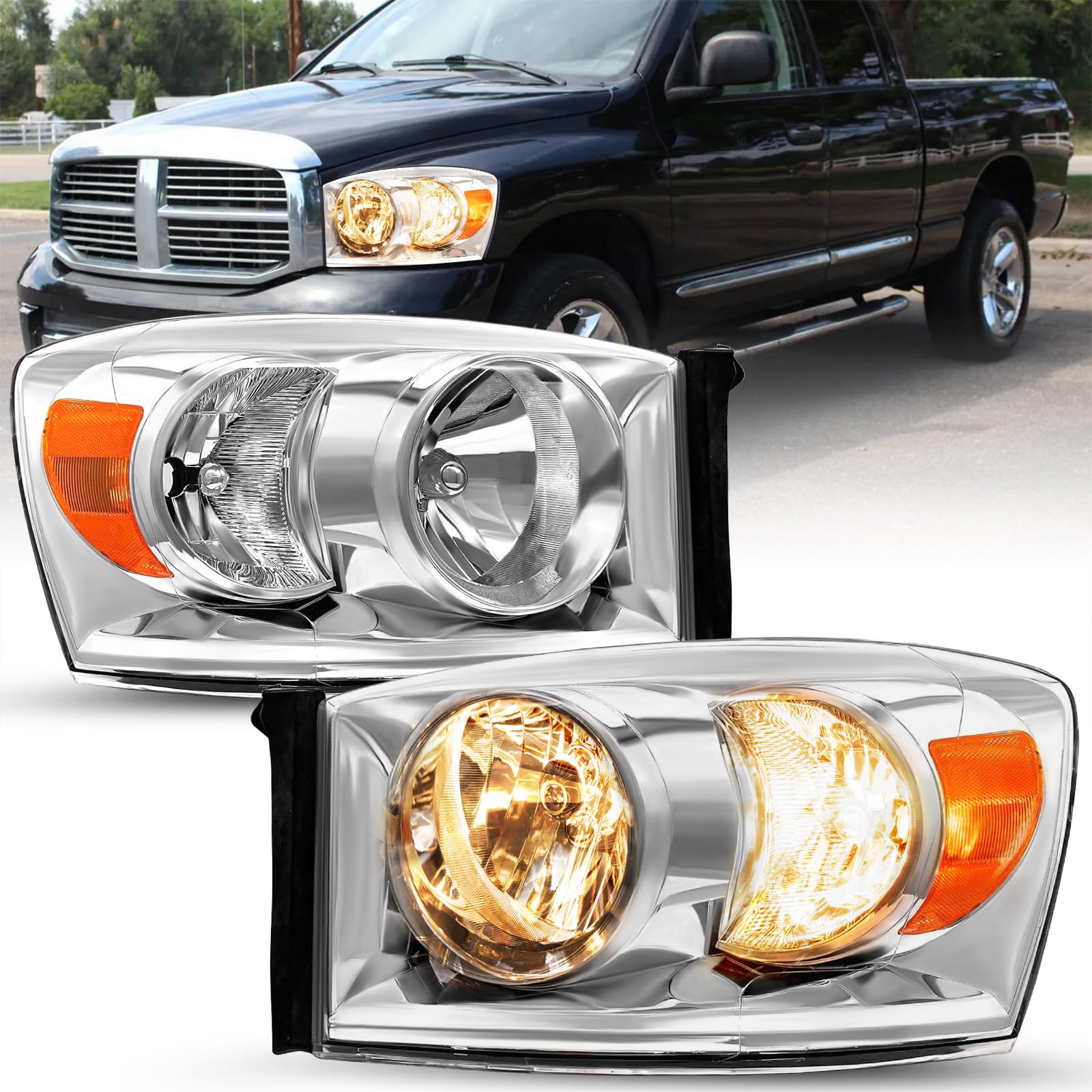 Sockir Headlight Assembly Compatible With 06 07 08 Dodge Ram 1500/06 07 08 09 Ram 2500 3500 Pickup Passenger And Driver Side, Chrome Housing & Amber Reflector