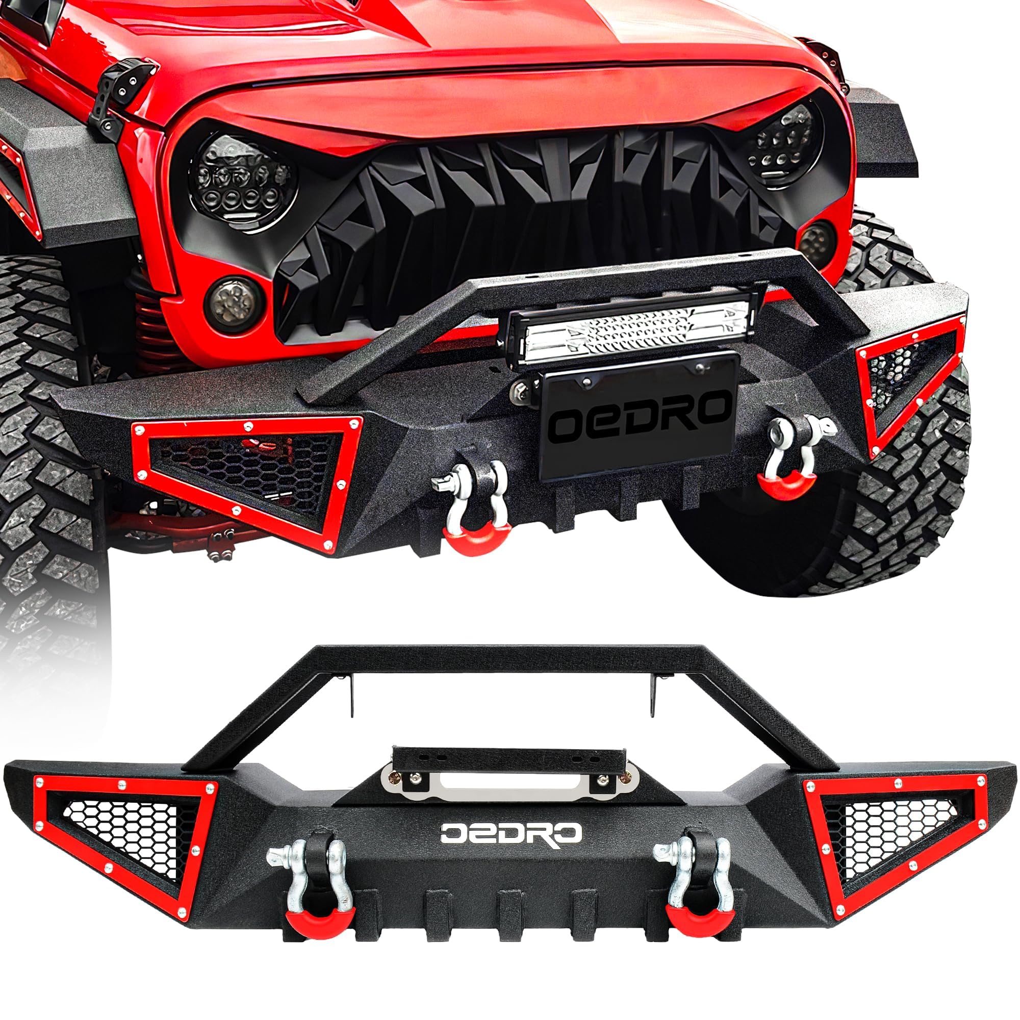 Oedro Front Bumper Compatible With 2007-2025 Jeep Wrangler Jk/Jku Jl/Jlu Gladiator Jt, Rock Crawler Off Road Full Width Bumper With Winch Plate Mounting & 2 X D-Rings