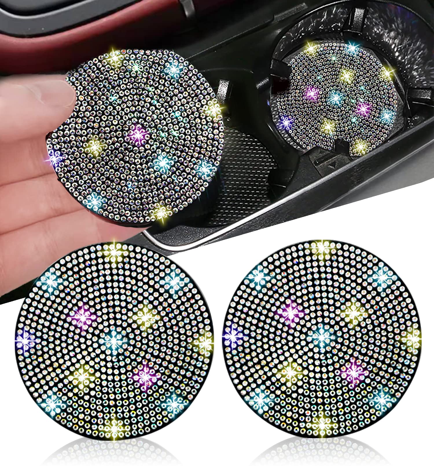 2Pcs Bling Car Cup Holder Coaster, 2.75 Inch Anti-Slip Shockproof Universal Fashion Vehicle Car Coasters Insert Rhinestone Auto Automotive Interior Accessories For Women (2 Pcs, Colorful)