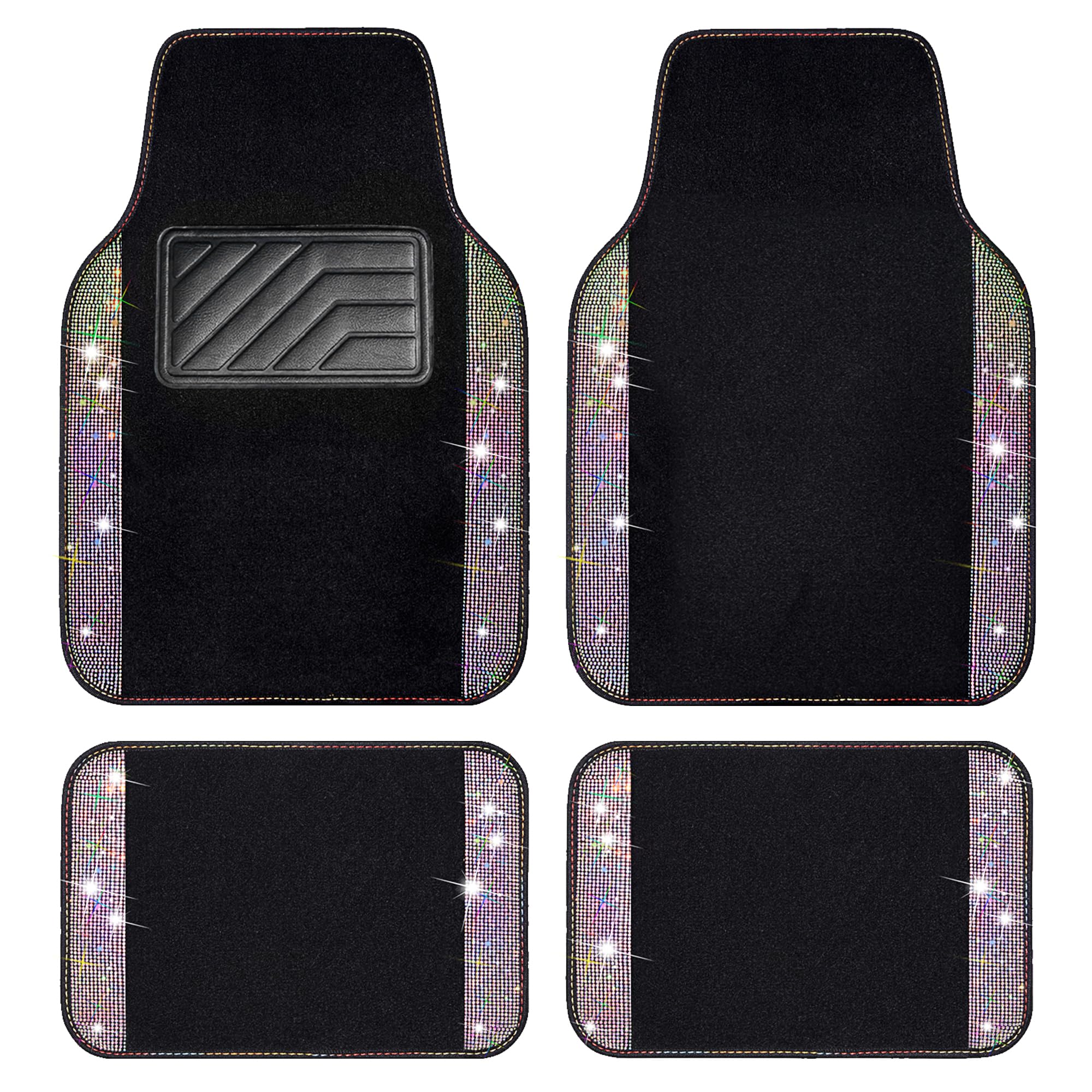 Car Pass Iridescent Bling Rhinestones Diamond Car Floor Mats Waterproof, Anti-Slip Pvc Heel Pad, Universal For Automotive Suv,Sedan,Van,4Pcs Girl Women Lady(Multicolor Colorful Crystal Sparkly Shining