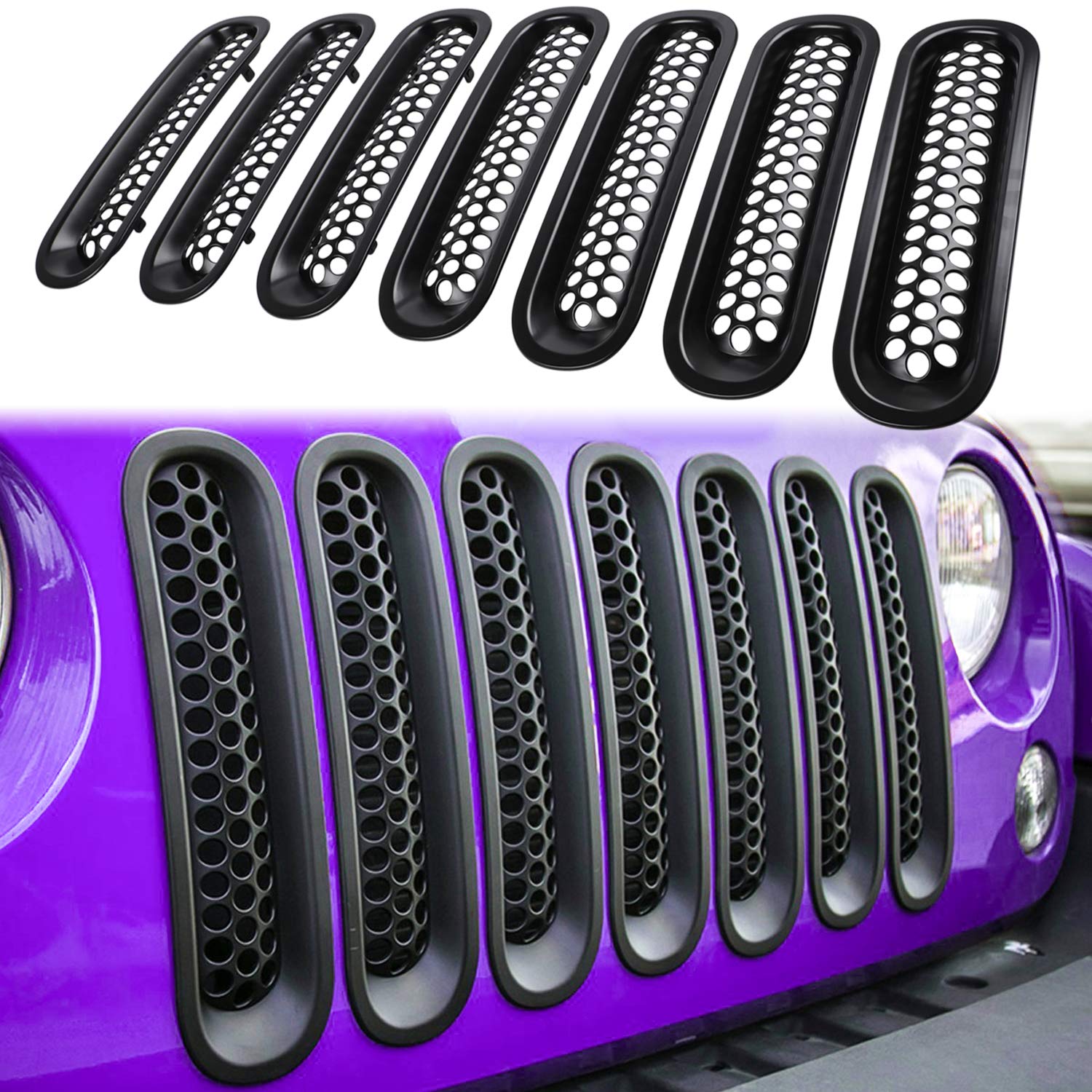 7Pcs Front Grill Mesh Inserts For Jeep Wrangler Jk Jku Unlimited 2007 2008 2009 2010 2011 2012 2013 2014 2015 2016 2017 2018 Grille Guard Cover Trim Clip-In Exterior Accessories (Matte Black)
