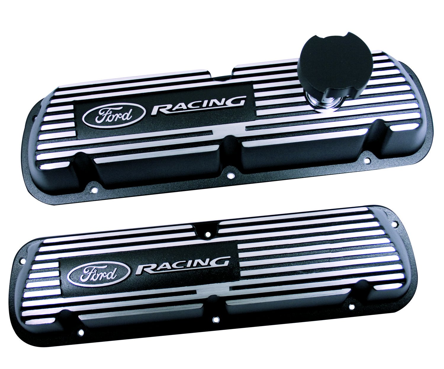 Fordvalve Cover, Short, Baffled, Oil Fill Cap, Ford Racing Logo, Aluminum, Black Wrinkle Paint, Small Block Ford, Pair
