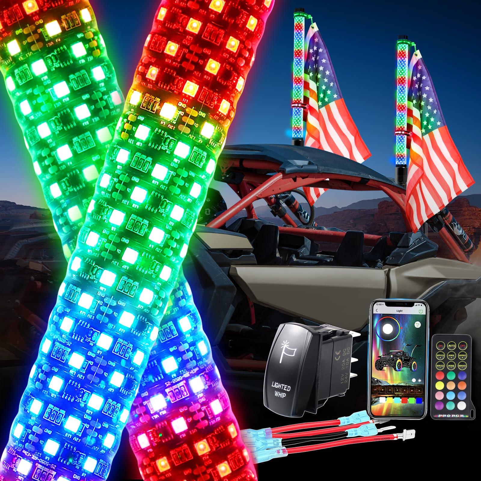 Addsafety 2Pcs 3Ft Fat Whip Lights Utv Whip Lights With Rocker Switch,High Brightness Antenna Whips Side By Side With Steering/Brake And Reverse Fit For Offroad Atv Rzr Truck