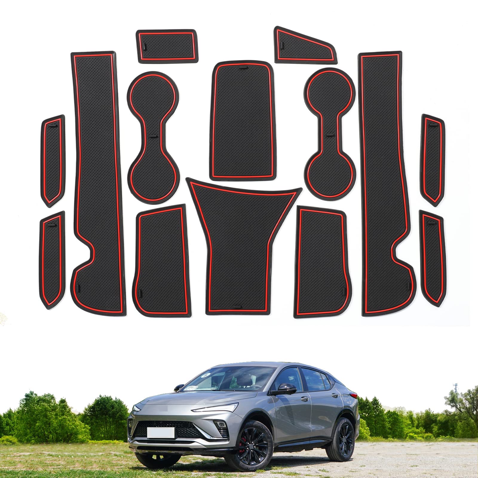 Car Anti-Slip Gate Slot Cup Mats For Buick Envista 2024 2025 Center Console Liners Cup Holders Inserts Mat Door Pocket Liners Accessories Interior (Red)