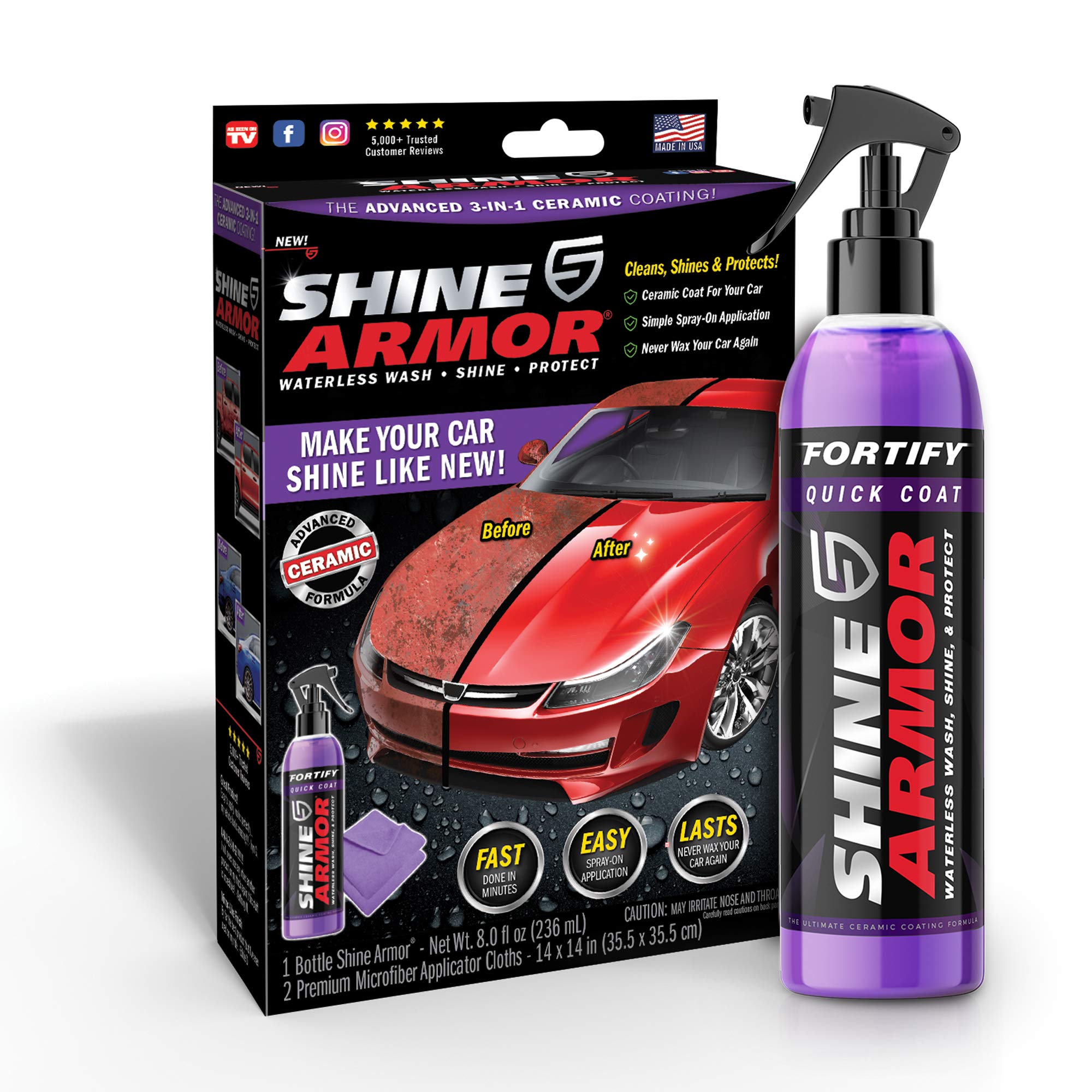Shine Armor Fortify Quick Coat High Performance Ceramic Coating, Car Wax Spray, Hydrophobic Top Coat Polish And Polymer Paint Sealant Protection For Vehicle Leather Seat, Tires, Bumpers, Rims Made In