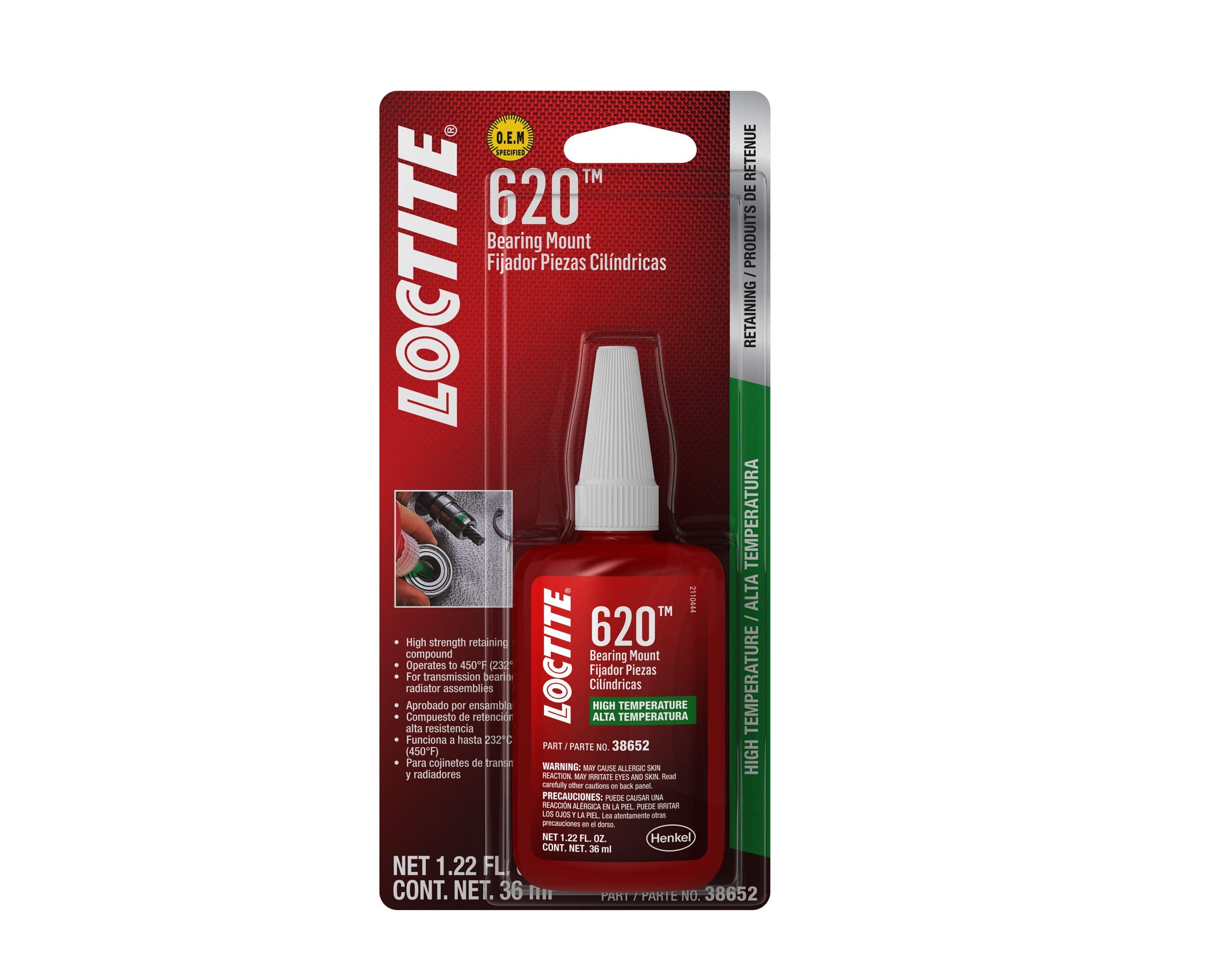 Loctite 620 Automotive Bearing Mount Retaining Compound – High Strength, High-Temp, High Viscosity, For Cylindrical Assemblies - 36 Ml, 1 Pack