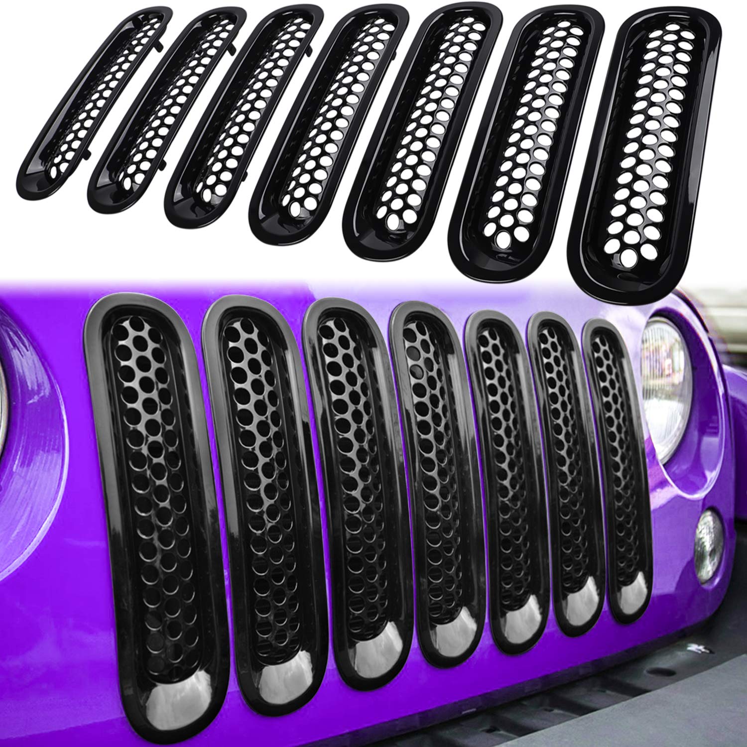 7Pcs Front Grill Mesh Inserts For Jeep Wrangler Jk Jku Sport Freedom Rubicon Sahara Unlimited 2007-2018 Exterior Accessories Clip-In Grille Guard Cover Trim (Glossy Black)