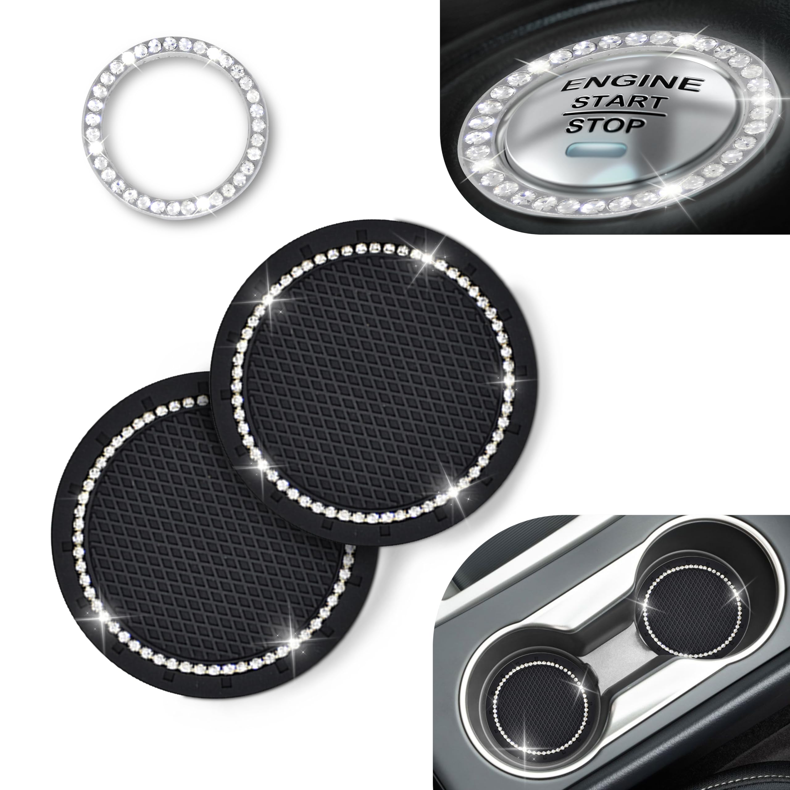 Econour Car Cup Coasters (2 Pack) | Car Push Start Button Bling (1 Pack) | Car Cup Holder Coaster | Crystal Rhinestone Car Interior Accessories | 2.75 Inch Universal Anti-Slip Coasters