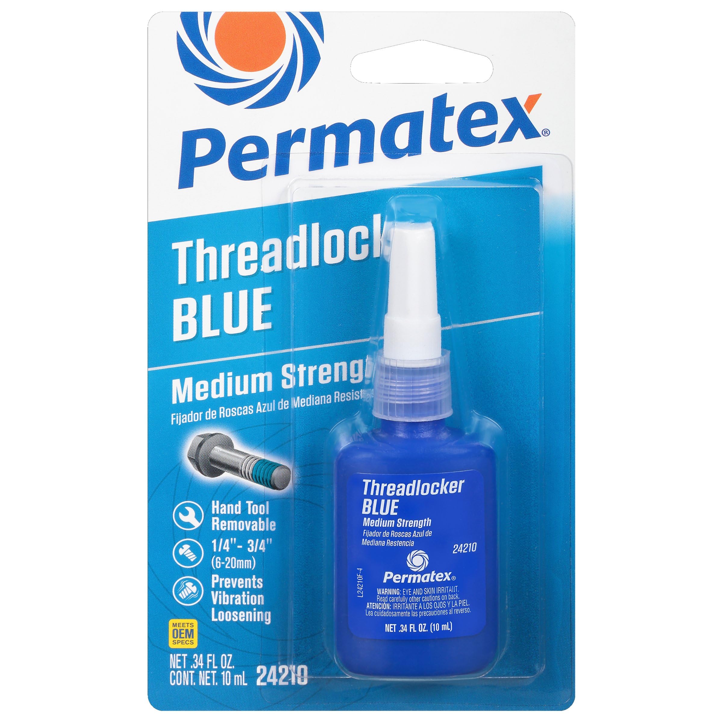 Permatex 24210 Threadlocker Blue Medium Strength,Thread Lock & Screw Glue For Bolts Nuts & Fasteners To Prevent Loosening & Corrosion, Removable With Hand Tools, 10 Ml
