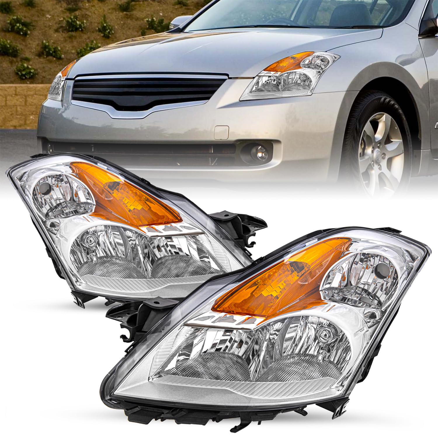 Sockir Headlight Assembly Fits For 2007 2008 2009 Nissan Altima 4-Door Sedan Headlamp Replacement Driver And Passenger Side Chrome Housing With Amber Reflector