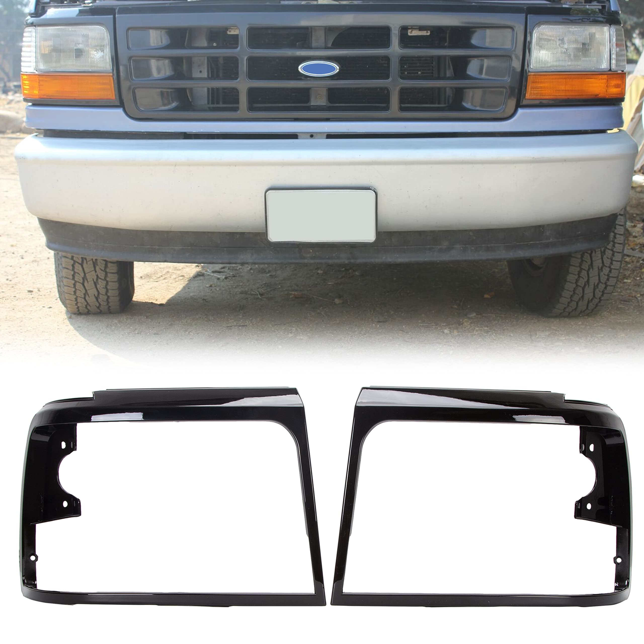 Ecotric Headlights Headlamps Trim Bezel Black Compatible With 1992-1997 F250 F350 F450 Truck & 1992-1996 Bronco F150 Pickup Truck Replacement For Part Number Fo2513135 Fo2512131