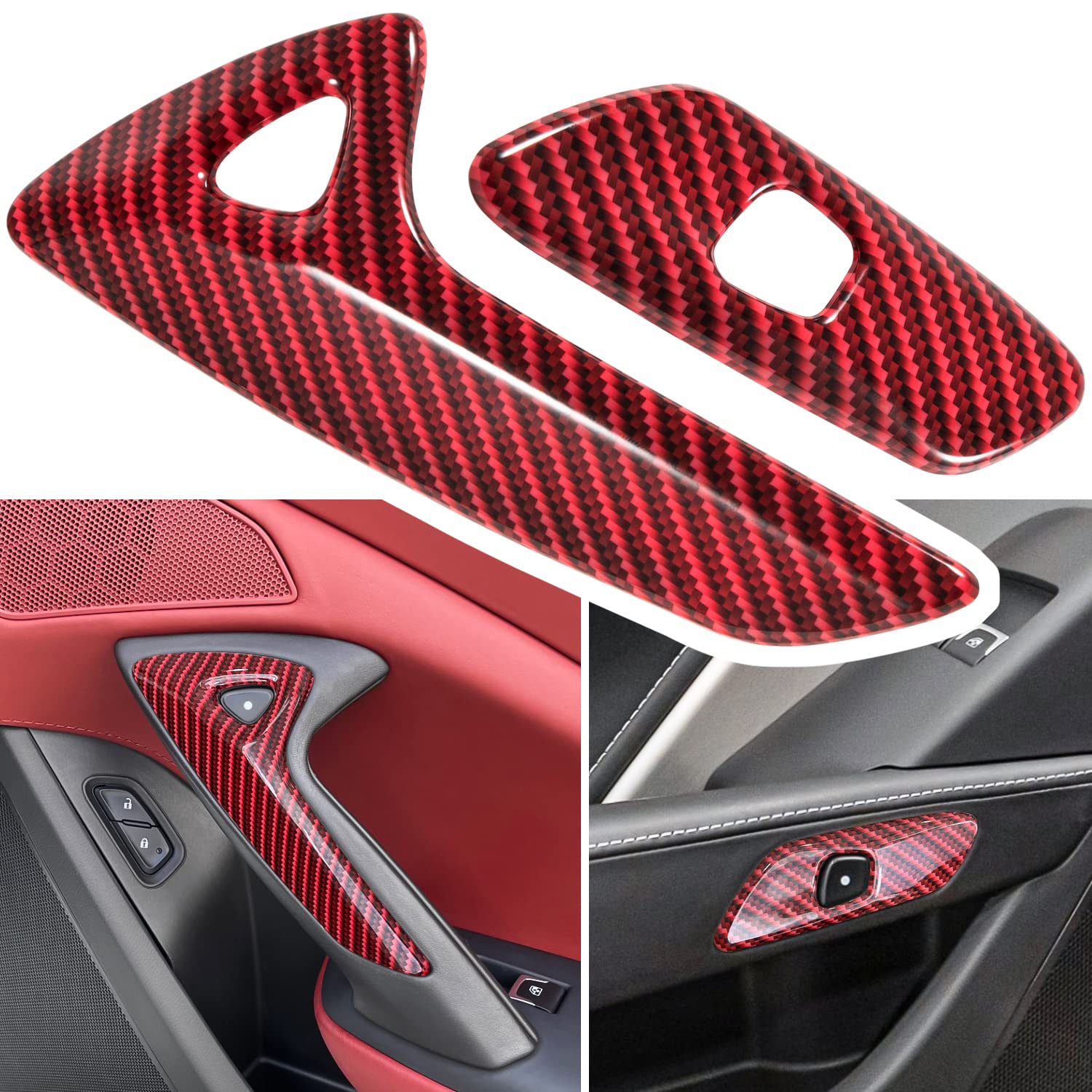 Carbon Fiber Look Interior Door Handle Cover Trim For Chevrolet Corvette C7 Z06 Z51 Zr1 Stingray Grand Sport 2014 2015 2016 2017 2018 2019 Side Inner Door Handle Accessories Decoration (Red)