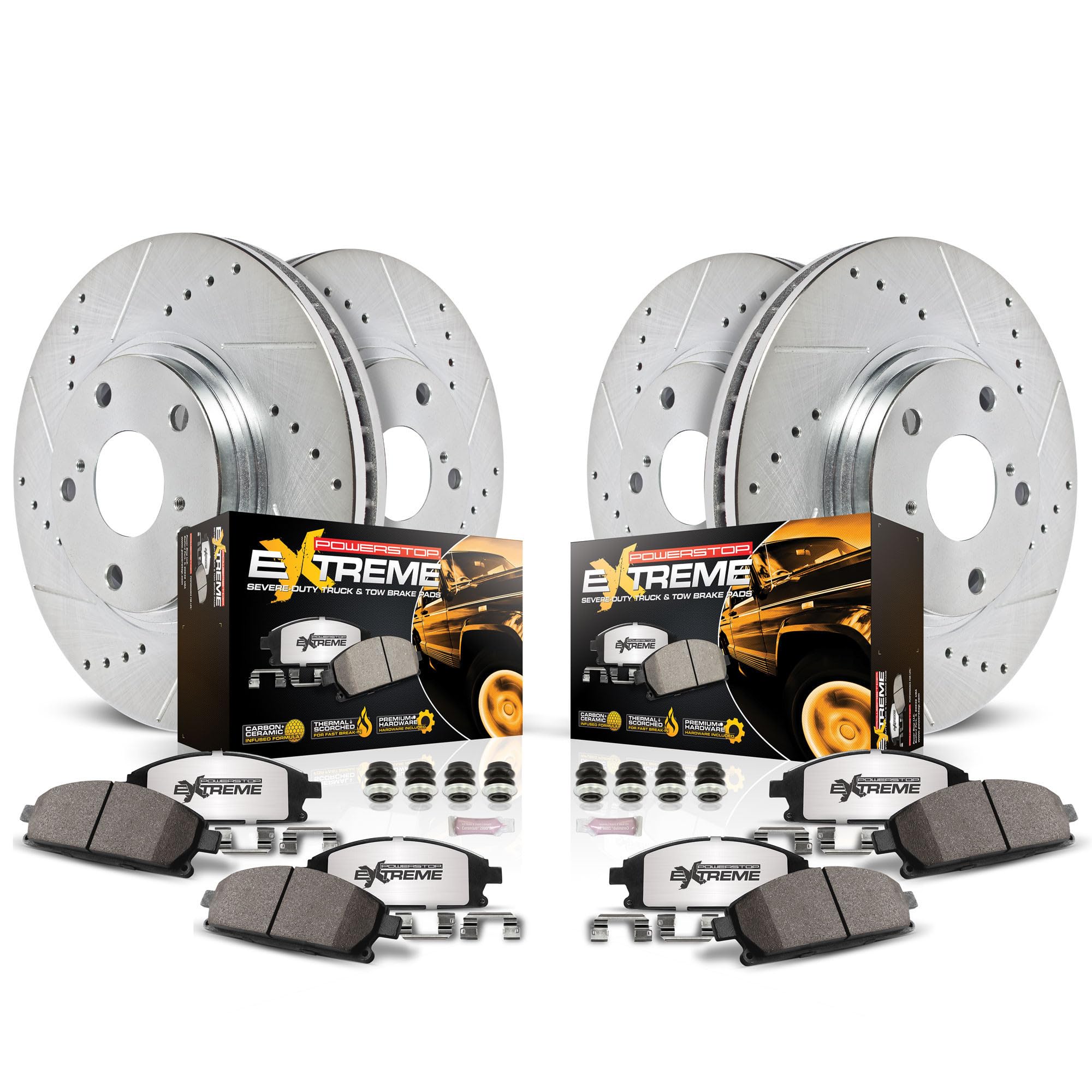 Power Stop K8171-36 Front And Rear Z36 Truck & Tow Brake Kit, Carbon Fiber Ceramic Brake Pads And Drilled Slotted Brake Rotors For Escalade Chevy Silverado 1500 Suburban Tahoe Sierra 1500 Yukon