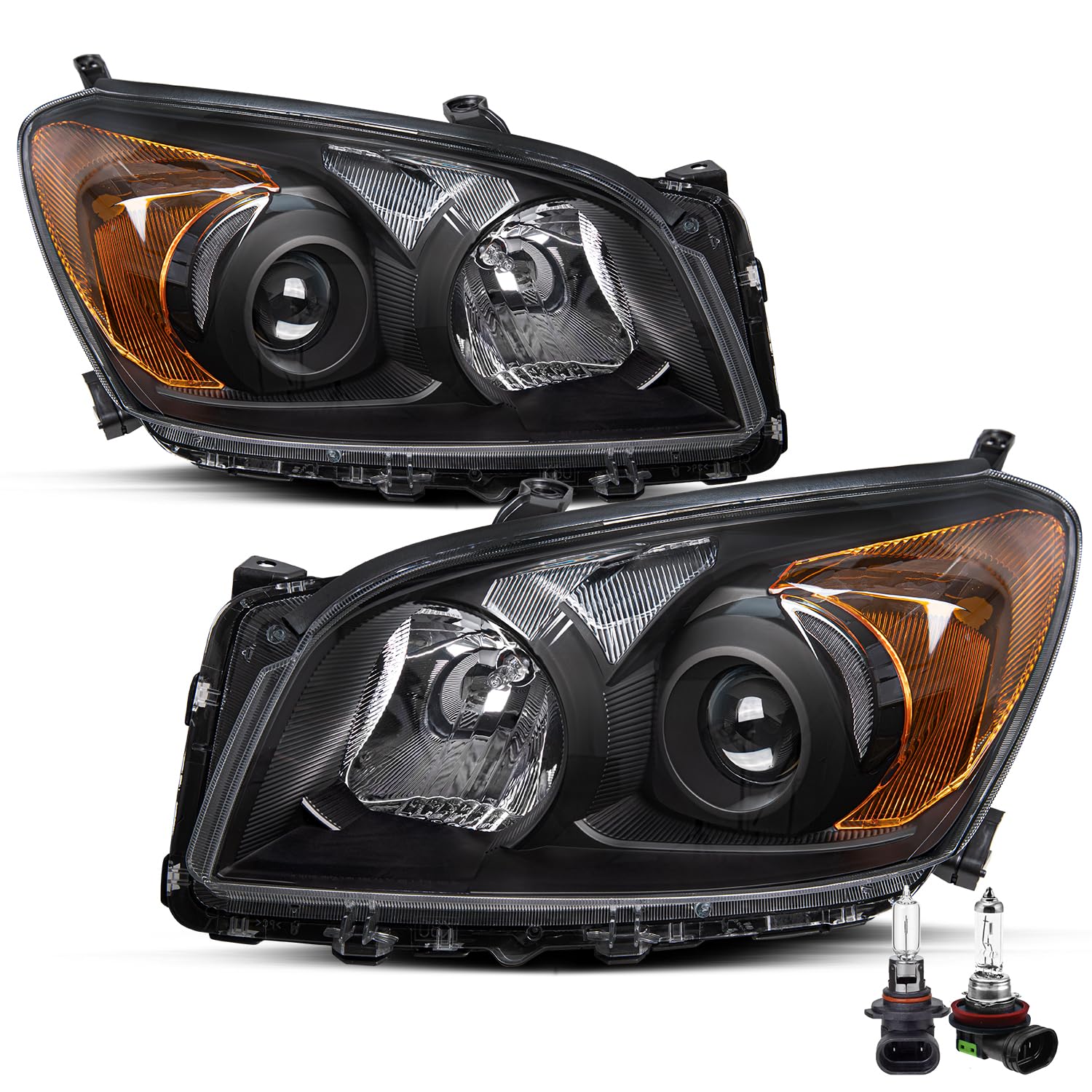 Jsboyat Halogen Headlight Assembly For 2009-2012 Toyota Rav4 Driver And Passenger Side Black Housing With Amber Reflector (Bulbs Included)