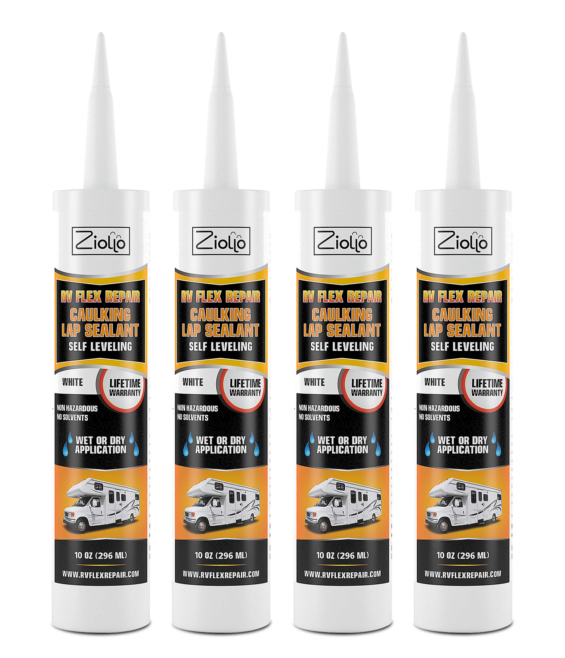Ziollo Rv Flex Repair Caulking Lap Sealant - Self Leveling Epdm Sealant For Rubber Roofs On Motorhomes, Trailers, Campers (White, 4-10 Oz Tubes Of Rv Caulk)