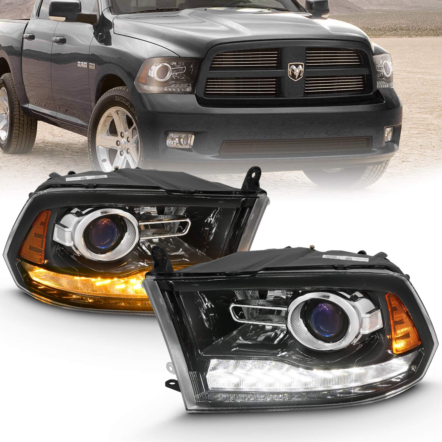 Amerilite Halogen, Led, Projector Headlights For 2009-2018 Dodge Ram 1500 2500 3500 Assembly Tube Turn Signal Set, Vehicle Light Assembly, Polished Black With Switchback Led