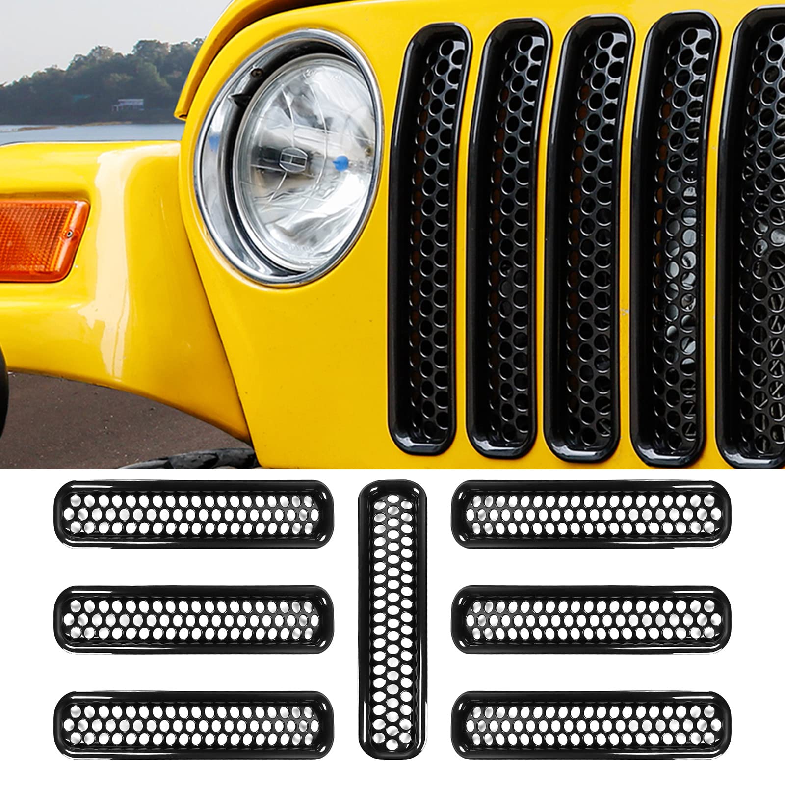 Rt-Tcz Black Honeycomb Mesh Front Grill Inserts Kit For 1997-2006 Jeep Wrangler Tj & Unlimited - (7Pcs)