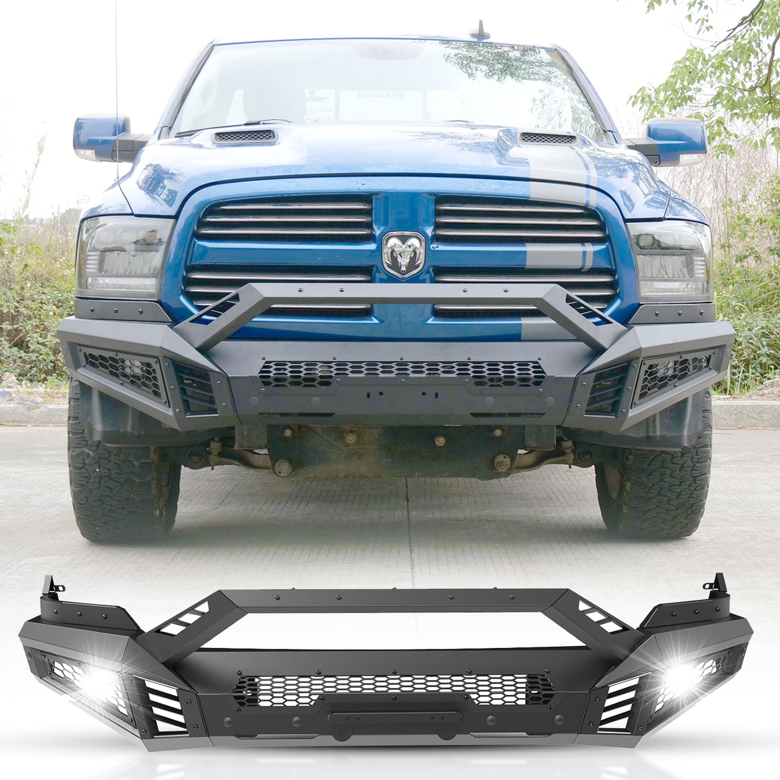 Hawkley Ram Front Bumper For 2013-2018 Ram 1500 Pickup Truck Exclude Rebel; For 2019-2023 Ram 1500 Classic Exclude Warlock; Offroad Bumper W/2X Led Light & Sensor Mounting Hole & Licence Plate Bracket