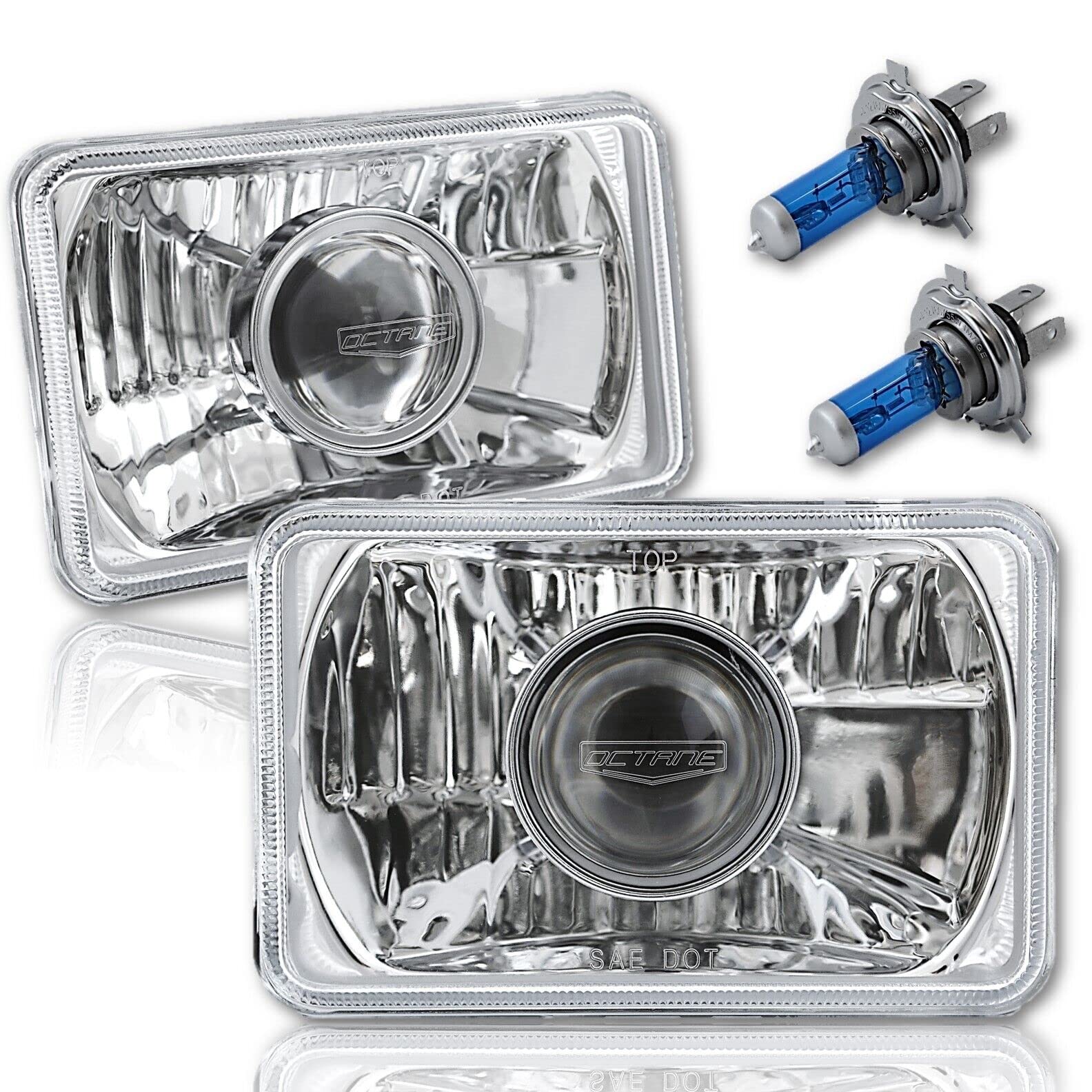 Octane Lighting 4X6 Inch Super White Halogen Projector Crystal Clear Lens/Metal Headlight H4 Light Bulb Headlamp Pair