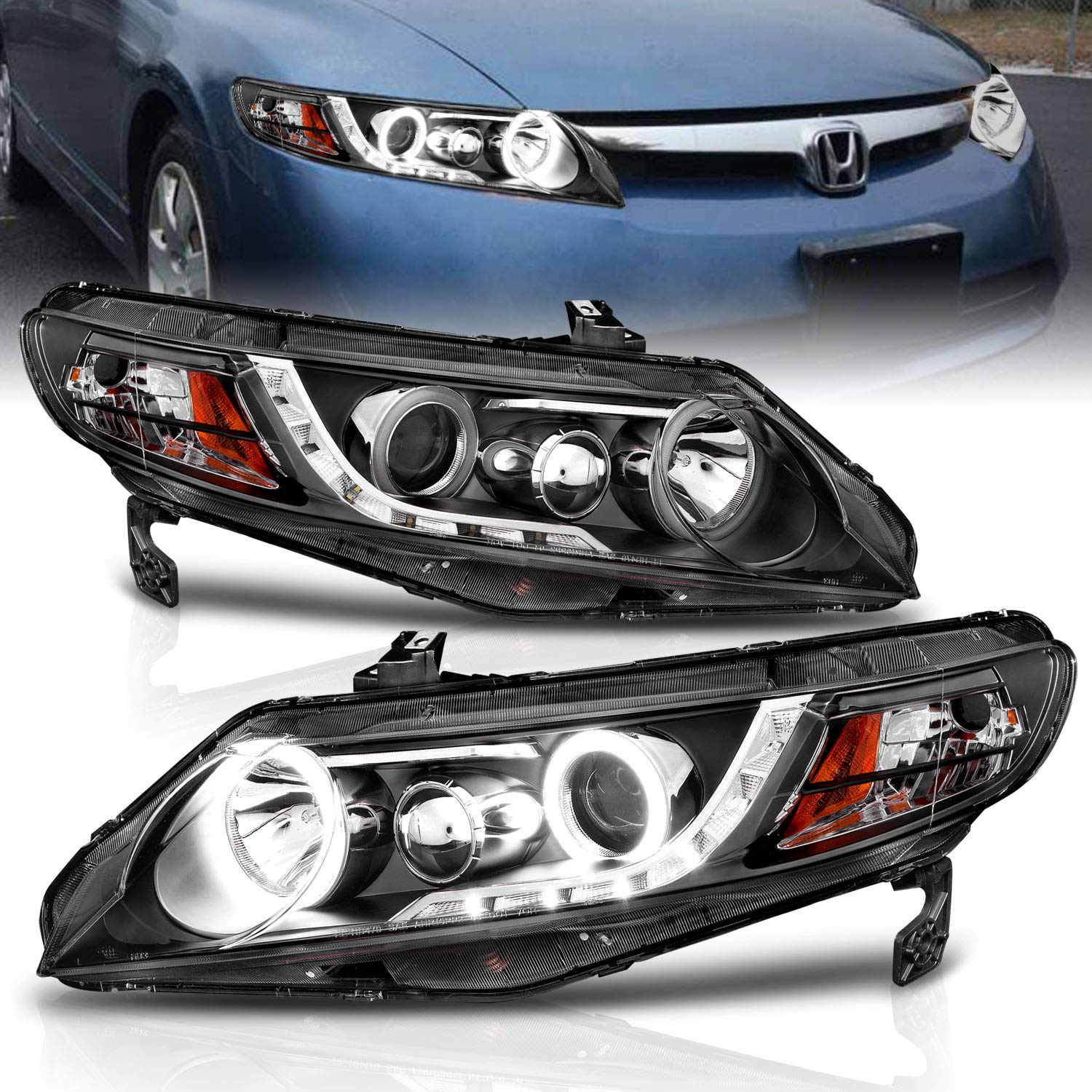 Amerilite Projector Halogen Headlights Amber Xtreme Led Halo For 2006-2009 Honda Civic 4 Door/Hybrid Sedan - Passenger And Driver Side, Vehicle Light Assembly, Black