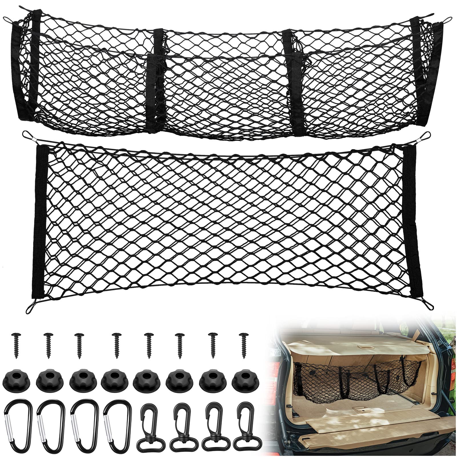 Automotive Cargo Net Stretchable And 3 Pocket Trunk Net Organizer Black Car Interior Accessories Cargo Storage Mesh Net Truck Bed Grocery Holder With Hooks Screws Buttonholes (35.4 X 15.7 Inches)