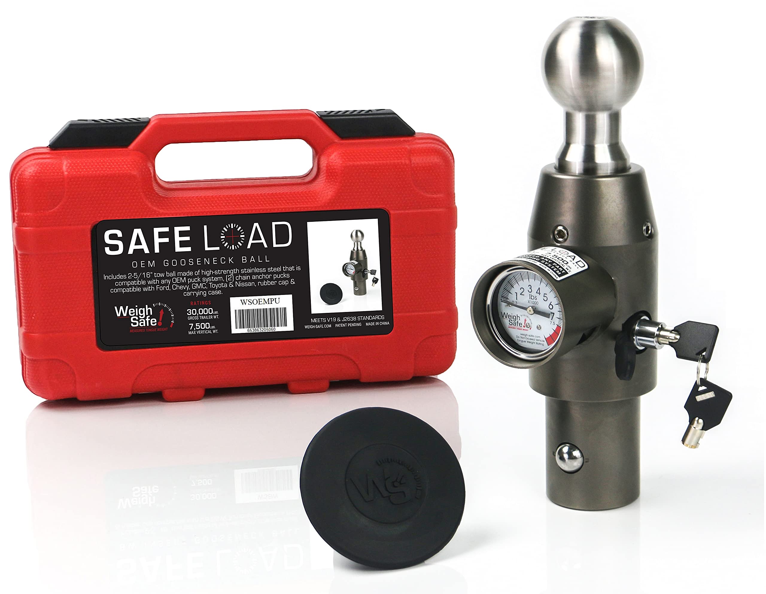 Weigh Safe Safe Load Oem Gooseneck Insert Ball Wsoem With Built-In Tongue Weight Gauge, 30,000 Lbs Weight Rating 7,500 Lbs Max Tongue Weight, 2-5/16' Stainless Steel Tow Ball For Oem Gooseneck Hitch