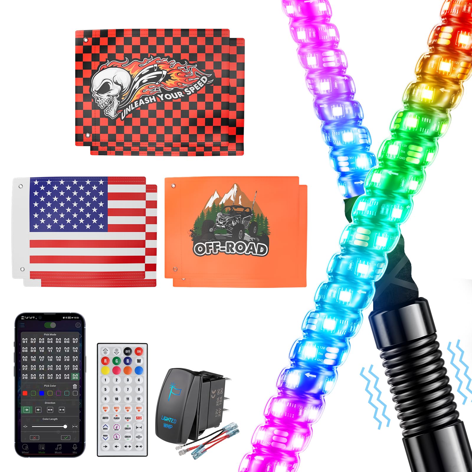 Ehaho 2Pcs 4Ft Whip Lights For Utv Atv With Spring Base, Tripled Brighter Led Whip Light W/Rocker Switch & 6 Flags, Spiral Chasing Lighted Antenna Whip With App & Remote Control For Rzr Sxs Can-Am