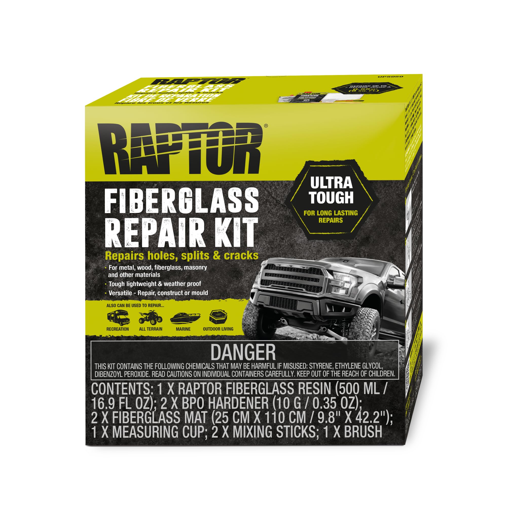 Raptor Fiberglass Repair Kit, All-In-One Automotive & Home Set, Long-Lasting, Durable & Easy To Use