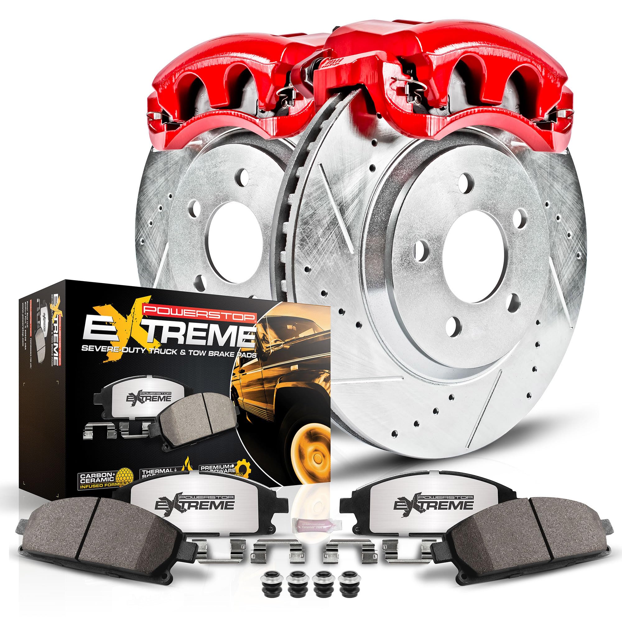 Power Stop Kc137-36 Z36 Truck & Tow Front Calipers With Drilled And Slotted Brake Rotors, Carbon-Fiber Ceramic Brake Pads Brake Kit For Toyota 4Runner Fj Cruiser Tacoma 6 Lug