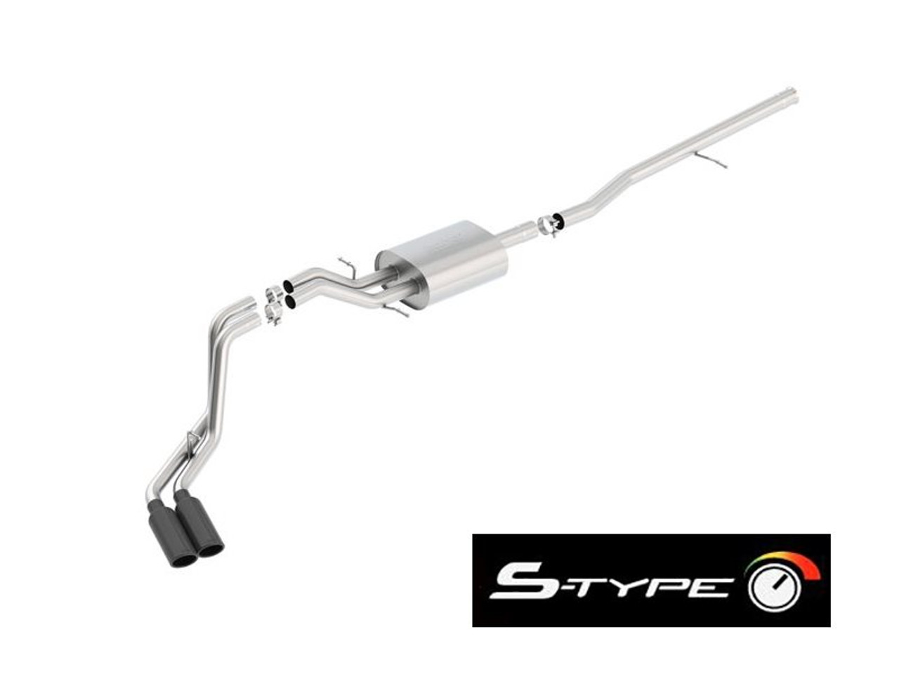 Borla 2.75" S-Type Cat-Back Single Exhaust w/ Single Side Exit, 4" Dual Black Chrome Long Tips :: 2014-2018 Silverado & GMC Sierra 1500 5.3L Extended Cab Standard Bed, Crew Cab Short Bed