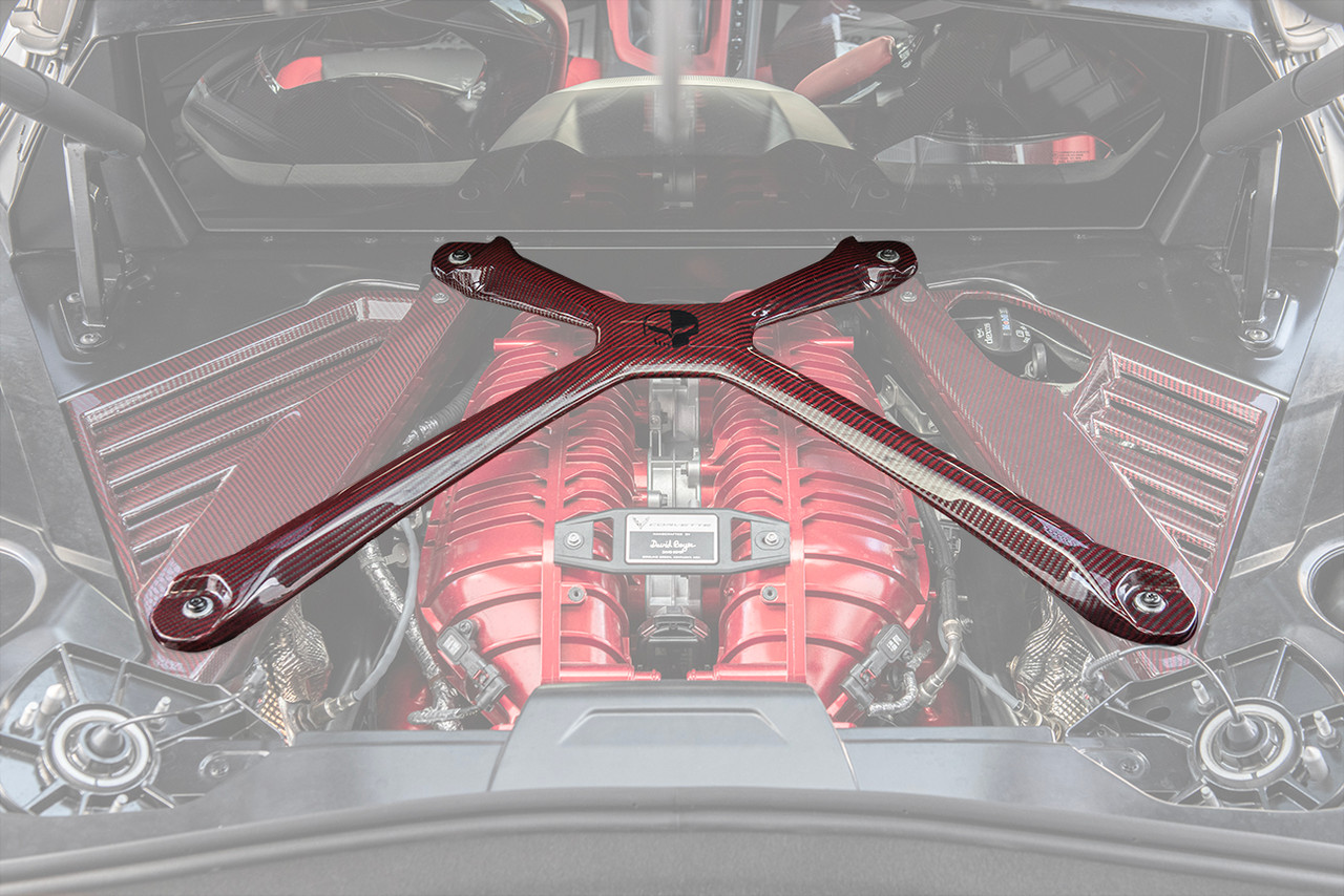 EOS X-Brace w/ Jake Skull Logo. Red Carbon Fiber :: 2020-2025 C8 Corvette Coupe