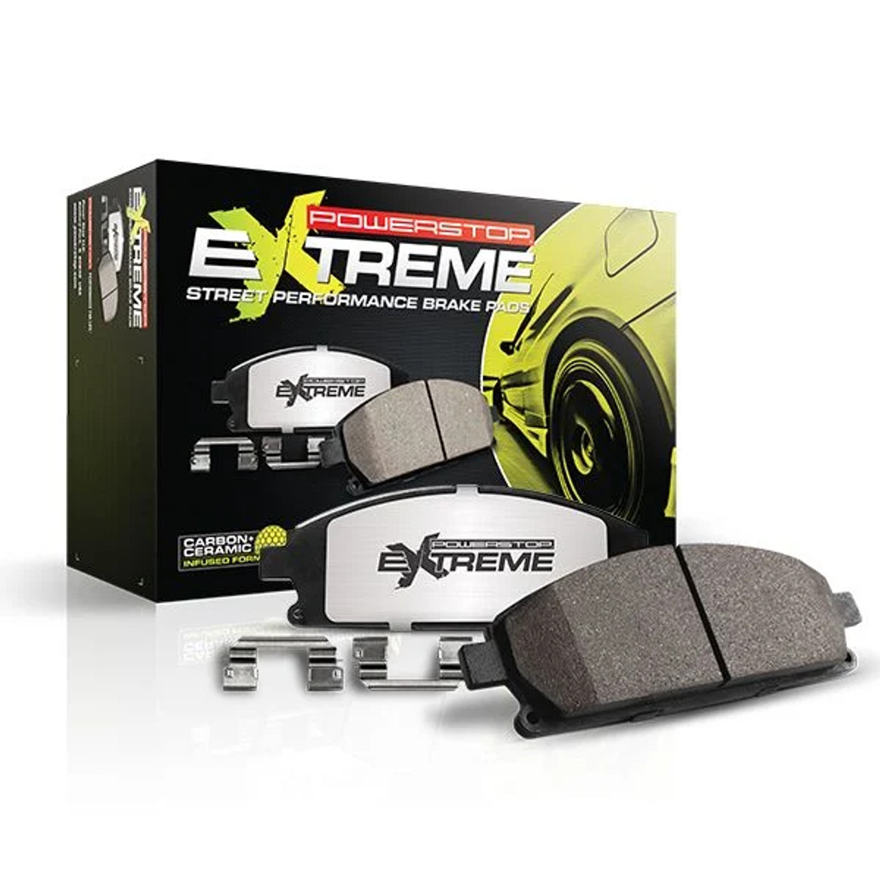 PowerStop Z26 Street Performance Carbon Fiber Ceramic Front Brake Pads w/ Hardware :: 2015-2023 Ford Mustang GT & Mach 1 w/ 6 Piston Front Calipers